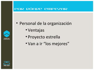 Por dónde empezar Personal de la organización Ventajas Proyecto estrella Van a ir “los mejores” 