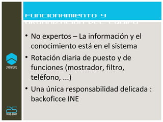 Funcionamiento y organización del equipo No expertos – La información y el conocimiento está en el sistema Rotación diaria de puesto y de funciones (mostrador, filtro, teléfono, ...) Una única responsabilidad delicada : backoficce INE 