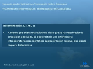 Isquemia aguda: Indicaciones Tratamiento M édico-Quirúrgico TRATAMIENTO ENDOVASCULAR: TROMBOLISIS FARMACOLÓGICA Recomendación 32 TASC II A menos que exista una evidencia clara que se ha restablecido la circulación adecuada, se debe realizar una arteriografía intraoperatoria para identificar cualquier lesión residual que pueda requerir tratamiento TASC II. Eur J Vasc Endovasc Surg 2007; 33 Suppl 1 