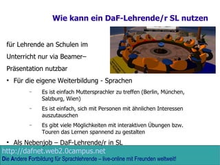 Wie kann ein DaF-Lehrende/r SL nutzen für Lehrende an Schulen im  Unterricht nur via Beamer– Präsentation nutzbar Für die eigene Weiterbildung - Sprachen Es ist einfach Muttersprachler zu treffen (Berlin, München, Salzburg, Wien) Es ist einfach, sich mit Personen mit ähnlichen Interessen auszutauschen Es gibt viele Möglichkeiten mit interaktiven Übungen bzw. Touren das Lernen spannend zu gestalten Als Nebenjob – DaF-Lehrende/r in SL 