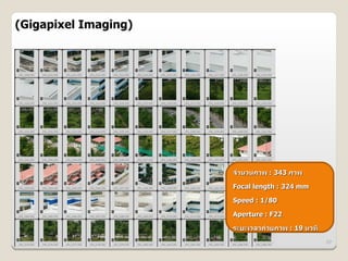 (Gigapixel Imaging)




                      จIานวนภาพ : 343 ภาพ

                      Focal length : 324 mm

                      Speed : 1/80

                      Aperture : F22

                      ระยะเวลาถ@ายภาพ : 19 นาท6
                                                  57
 