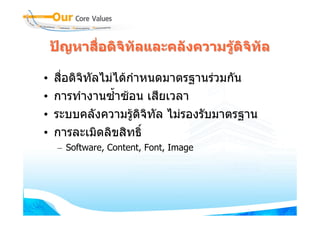 ปญหาสื่อดิจิทัลและคลังความรูดจิทัล
                                   ิ

•   สื่อดิจิทัลไมไดกาหนดมาตรฐานรวมกัน
                      ํ
•   การทํางานซ้ําซอน เสียเวลา
•   ระบบคลังความรูดิจิทัล ไมรองรับมาตรฐาน
•   การละเมิดลิขสิทธิ์
     – Software, Content, Font, Image
 