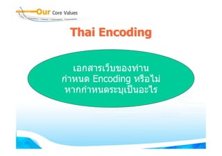 Thai Encoding


   เอกสารเว็บของทาน
กําหนด Encoding หรือไม
 หากกําหนดระบุเปนอะไร
 