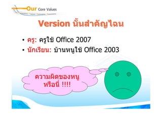 Version นั้นสําคัญไฉน
• ครู: ครูใช Office 2007
• นักเรียน: บานหนูใช Office 2003


    ความผิดของหนู
      หรือนี่ !!!!
 