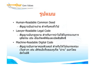 รูปแบบ
• Human-Readable Common Deed
   – สัญญาฉบับอานงาย สําหรับคนทั่วไป
• Lawyer-Readable Legal Code
   – สัญญาฉบับกฎหมาย สําหรับการนําไปใชในกระบวนการ
     ยุติธรรม เชน เมือเกิดคดีฟองละเมิดลิขสิทธิ์
                      ่
• Machine-Readable Digital Code
  – สัญญาฉบับภาษาคอมพิวเตอร สําหรับใหโปรแกรมทอง
    เว็บตางๆ เชน เสิรชเอ็นจิ้นของกูเกิ้ล “อาน” ออกโดย
                       
    อัตโนมัติ
 