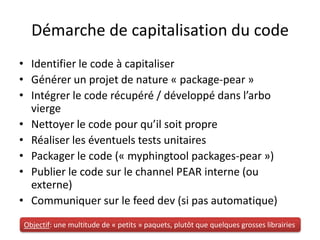 Démarche de capitalisation du codeIdentifier le code à capitaliserGénérer un projet de nature « package-pear »Intégrer le code récupéré / développé dans l’arbo viergeNettoyer le code pour qu’il soit propreRéaliser les éventuels tests unitairesPackager le code (« myphingtool packages-pear »)Publier le code sur le channel PEAR interne (ou externe)Communiquer sur le feeddev (si pas automatique)Objectif: une multitude de « petits » paquets, plutôt que quelques grosses librairies