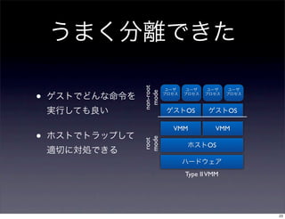 non-root
•


     mode
                 OS            OS

               VMM         VMM
•
    mode
    root                OS



                 Type II VMM




                                    23
 