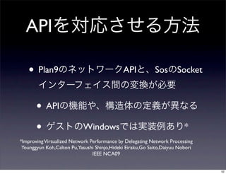 API

   • Plan9                                   API           Sos Socket



       • API
       •                   Windows                                      *
*Improving Virtualized Network Performance by Delegating Network Processing
 Younggyun Koh,Calton Pu,Yasushi Shinjo,Hideki Eiraku,Go Saito,Daiyuu Nobori
                                IEEE NCA09


                                                                               52
 