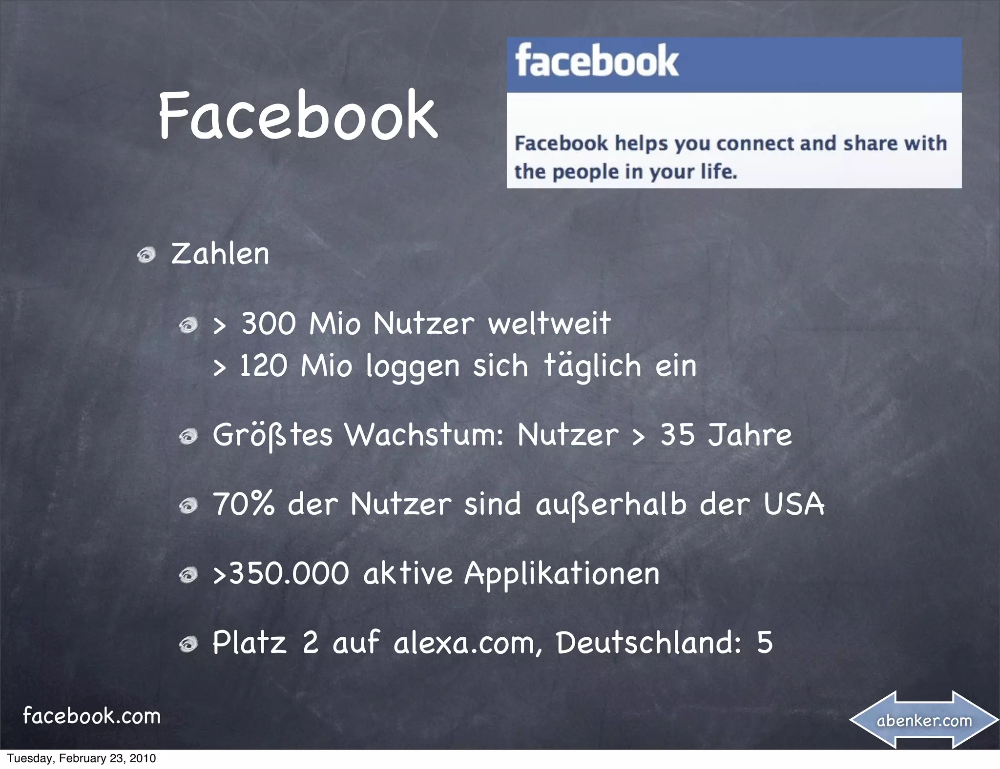 Facebook
                             Zahlen

                               > 300 Mio Nutzer weltweit
                               > 120 Mio loggen sich täglich ein

                               Größtes Wachstum: Nutzer > 35 Jahre

                               70% der Nutzer sind außerhalb der USA

                               >350.000 aktive Applikationen

                               Platz 2 auf alexa.com, Deutschland: 5

  facebook.com                                                         abenker.com

Tuesday, February 23, 2010
 