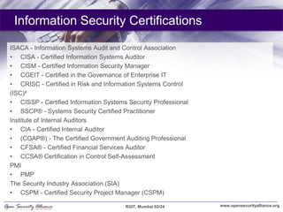 Information Security Certifications

ISACA - Information Systems Audit and Control Association
• CISA - Certified Informat...