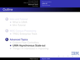 Intro and Tutorial
                                               Flow Controllers
                    W3C Corpus Processing
                                               UIMA AS
                         Advanced Topics
                                               Improvements
                                  Summary


Outline

  1   Intro and Tutorial
         What is UIMA
         Mini-Tutorial

  2   W3C Corpus Processing
       TREC Enterprise Track

  3   Advanced Topics
        Custom Flow Controllers
        UIMA Asynchronous Scale-out
        Things I’m interested in improving



                              Pablo Duboue     Apache UIMA
 