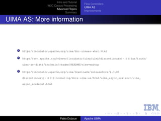Intro and Tutorial
                                               Flow Controllers
                    W3C Corpus Processing
                                               UIMA AS
                         Advanced Topics
                                               Improvements
                                  Summary


UIMA AS: More information



     http://incubator.apache.org/uima/doc-uimaas-what.html

     http://svn.apache.org/viewvc/incubator/uima/uimadiscretionary{-}{}{}as/trunk/

     uima-as-distr/src/main/readme/README?view=markup

     http://incubator.apache.org/uima/downloads/releaseDocs/2.3.0

     discretionary{-}{}{}incubating/docs-uima-as/html/uima_async_scaleout/uima_

     async_scaleout.html




                              Pablo Duboue     Apache UIMA
 