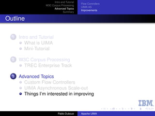Intro and Tutorial
                                               Flow Controllers
                    W3C Corpus Processing
                                               UIMA AS
                         Advanced Topics
                                               Improvements
                                  Summary


Outline

  1   Intro and Tutorial
         What is UIMA
         Mini-Tutorial

  2   W3C Corpus Processing
       TREC Enterprise Track

  3   Advanced Topics
        Custom Flow Controllers
        UIMA Asynchronous Scale-out
        Things I’m interested in improving



                              Pablo Duboue     Apache UIMA
 
