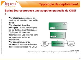 Dépendance Dynamique Les services peuvent apparaître ou disparaître de manière dynamique :  Les bundles « actifs » peuvent proposer et retirer un service quand ils le souhaitent 