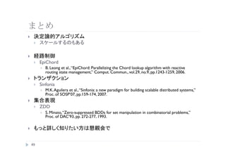 ??
     ??


??
     ??   EpiChord
          ??   B. Leong et al., EpiChord: Parallelizing the Chord lookup algorithm with reactive
               routing state management, Comput. Commun., vol.29, no.9, pp.1243-1259, 2006.
??
     ??   Sinfonia
          ??   M.K. Aguilera et al., Sinfonia: a new paradigm for building scalable distributed systems,
               Proc. of SOSP07, pp.159-174, 2007.
??
     ??   ZDD
          ??   S. Minato, Zero-suppressed BDDs for set manipulation in combinatorial problems,
               Proc. of DAC93, pp. 272-277, 1993.

??


     
 