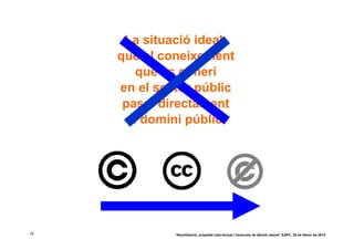 La situació ideal:
     que el coneixement
        que es generi
     en el sector públic
      passi directament
       a domini públic




15            “Reutilització, propietat intel·lectual i llicències de difusió oberta” EAPC, 26 de febrer de 2010
 
