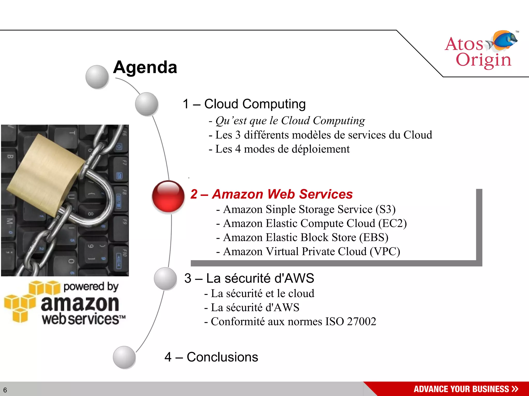 Agenda 4 – Conclusions  1 – Cloud Computing - Qu’est que le Cloud Computing - Les 3 différents modèles de services du Cloud - Les 4 modes de déploiement 2 – Amazon Web Services - Amazon Sinple Storage Service (S3) - Amazon Elastic Compute Cloud (EC2) - Amazon Elastic Block Store (EBS) - Amazon Virtual Private Cloud (VPC) 3 – La sécurité d'AWS - La sécurité et le cloud - La sécurité d'AWS  - Conformité aux normes ISO 27002 