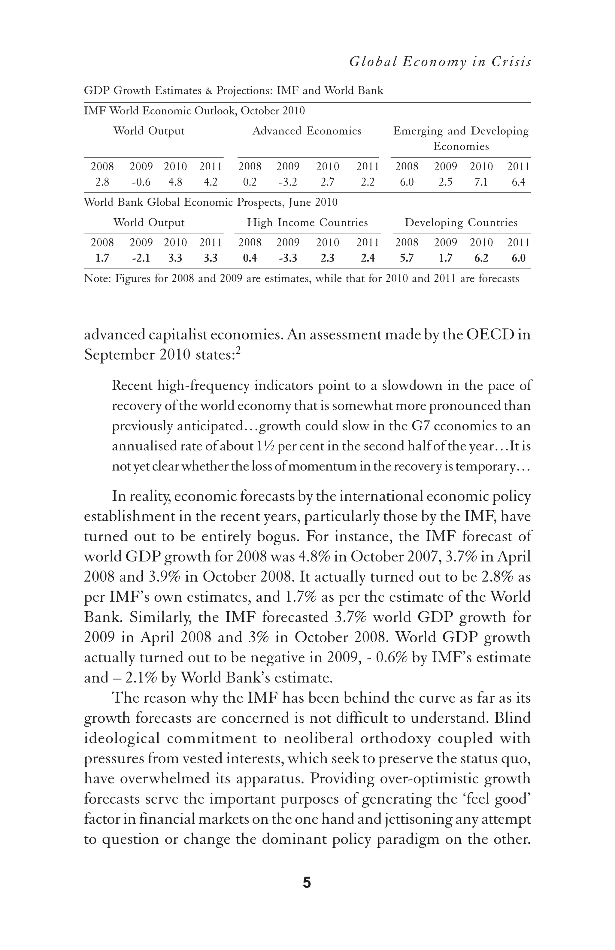 Global Economy in Crisis
GDP Growth Estimates & Projections: IMF and World Bank
IMF World Economic Outlook, October 2010
      World Output                Advanced Economies            Emerging and Developing
                                                                      Economies
 2008    2009 2010 2011        2008    2009       2010   2011   2008   2009   2010    2011
  2.8    -0.6 4.8   4.2         0.2    -3.2        2.7    2.2    6.0    2.5    7.1     6.4
World Bank Global Economic Prospects, June 2010
      World Output               High Income Countries           Developing Countries
 2008    2009 2010 2011        2008    2009       2010   2011   2008   2009   2010    2011
  1.7    -2.1 3.3   3.3         0.4    -3.3        2.3    2.4    5.7    1.7    6.2     6.0
Note: Figures for 2008 and 2009 are estimates, while that for 2010 and 2011 are forecasts



advanced capitalist economies. An assessment made by the OECD in
September 2010 states:2
     Recent high-frequency indicators point to a slowdown in the pace of
     recovery of the world economy that is somewhat more pronounced than
     previously anticipated…growth could slow in the G7 economies to an
     annualised rate of about 1½ per cent in the second half of the year…It is
     not yet clear whether the loss of momentum in the recovery is temporary…
     In reality, economic forecasts by the international economic policy
establishment in the recent years, particularly those by the IMF, have
turned out to be entirely bogus. For instance, the IMF forecast of
world GDP growth for 2008 was 4.8% in October 2007, 3.7% in April
2008 and 3.9% in October 2008. It actually turned out to be 2.8% as
per IMF’s own estimates, and 1.7% as per the estimate of the World
Bank. Similarly, the IMF forecasted 3.7% world GDP growth for
2009 in April 2008 and 3% in October 2008. World GDP growth
actually turned out to be negative in 2009, - 0.6% by IMF’s estimate
and – 2.1% by World Bank’s estimate.
     The reason why the IMF has been behind the curve as far as its
growth forecasts are concerned is not difficult to understand. Blind
ideological commitment to neoliberal orthodoxy coupled with
pressures from vested interests, which seek to preserve the status quo,
have overwhelmed its apparatus. Providing over-optimistic growth
forecasts serve the important purposes of generating the ‘feel good’
factor in financial markets on the one hand and jettisoning any attempt
to question or change the dominant policy paradigm on the other.

                                              5
 
