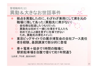 管理職時代（２）
異動＆大きなお世話事件
   拠点を異動したのに、わざわざ兼務にして席を元の
   職場に残してあった（異動先に席がない）
     会社側は配慮したつもりだった
     異動先は初めて一緒に仕事をする人たち
     初めての人と顔を見ずに仕事できない
     ため、異動先の席をメインに
   東京ビッグサイトでの展示博覧会の自社ブース責任
   者を経験、基調講演で部分的に登壇
   車＋電車＋徒歩で1時間の職場に
   駅前駐車場を自腹で借りて約1年間通う
（上５才、下３才、自分３９才）


           Copyright(c) 2010,2011 1995consultant.com All right reserved.   13
 