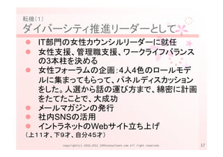 転機（１）
ダイバーシティ推進リーダーとして
   IT部門の女性カウンシルリーダーに就任
   女性支援、管理職支援、ワークライフバランス
   の3本柱を決める
   女性フォーラムの企画：4人4色のロールモデ
   ルに集まってもらって、パネルディスカッション
   をした。人選から話の運び方まで、綿密に計画
   をたてたことで、大成功
   メールマガジンの発行
   社内SNSの活用
   イントラネットのWebサイト立ち上げ
（上１１才、下９才、自分４５才）
        Copyright(c) 2010,2011 1995consultant.com All right reserved.   17
 