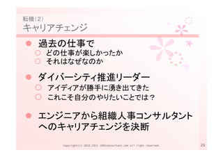 転機（２）
キャリアチェンジ
   過去の仕事で
        どの仕事が楽しかったか
        それはなぜなのか

   ダイバーシティ推進リーダー
        アイディアが勝手に湧き出てきた
        これこそ自分のやりたいことでは？

   エンジニアから組織人事コンサルタント
   へのキャリアチェンジを決断
          Copyright(c) 2010,2011 1995consultant.com All right reserved.   20
 