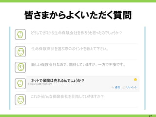 皆さまからよくいただく質問
どうしてゼロから生命保険会社を作ろうと思ったのでしょうか？



生命保険商品を選ぶ際のポイントを教えて下さい。



新しい保険会社なので、期待していますが、一方で不安です。



ネットで保険は売れるんでしょうか？



これからどんな保険会社を目指していきますか？



                                27
 