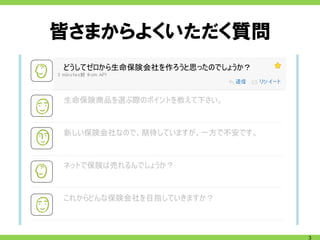 皆さまからよくいただく質問
どうしてゼロから生命保険会社を作ろうと思ったのでしょうか？



生命保険商品を選ぶ際のポイントを教えて下さい。



新しい保険会社なので、期待していますが、一方で不安です。



ネットで保険は売れるんでしょうか？



これからどんな保険会社を目指していきますか？



                                3
 