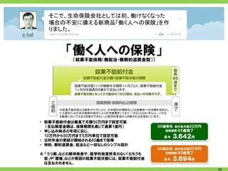 そこで、生命保険会社としては初、働けなくなった
  場合の不安に備える新商品「働く人への保険」を作
  りました。



       「働く人への保険」
          〔就業不能保険（無配当・無解約返戻金型）〕




     ※就業不能状態とは病気やケガにより、日本国内の病院もしくは診療所への治療を目的とし
     た入院または日本の医師の指示により在宅療養をしており、「少なくとも6ヶ月以上、いかな
     る職業においても全く就業ができない」と医学的見地から判断される状態をいいます。
• 就業不能給付金は最高で月額50万円まで設定可能
   （支払限度金額は、保険期間を通じて通算1億円）                ３０歳男性 給付金月額２０万円
• 申し込み時点の年収に応じ、                              保険期間 ６５歳満了
  10万円から50万円まで5万円単位で設定可能                     月々   ３,６４２円
• 公的年金の受給が開始される65歳まで保障
• 特約、解約返戻金、配当など一切なしのシンプル設計
                                          ３０歳女性 給付金月額２０万円
※ 「うつ病」などの精神疾患や、医学的他覚所見のない「むちうち              保険期間 ６５歳満了
  症」や「腰痛」などが原因の就業不能状態には、就業不能給付金              月々   ３,６９４円
  は支払われません。
                                                            40
 