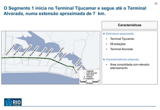 11
O Segmento 1 inicia no Terminal Tijucamar e segue até o Terminal
Alvorada, numa extensão aproximada de 7 km.

                                                       Características

                                             Estrutura associada:

                                              •   Terminal Tijucamar
                                              •   08 estações
                                              •   Terminal Alvorada


                                             Características urbanas:

                                              •   Área consolidada com elevado
                                                  adensamento
 