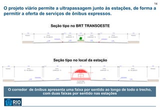 14
O projeto viário permite a ultrapassagem junto às estações, de forma a
permitir a oferta de serviços de ônibus expressos.

                                  SEÇÃO TIPO NO CORREDOR T5
                         Seção tipo no BRT TRANSOESTE




                          SeçãoSEÇÃO TIPO NO local da estação
                                tipo no LOCAL DA ESTAÇÃO




  O corredor de ônibus apresenta uma faixa por sentido ao longo de todo o trecho,
                    com duas faixas por sentido nas estações
 