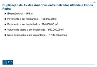45
Duplicação da Av.das Américas entre Salvador Allende e Est.da
Pedra
  Extensão total – 16 km

  Pavimento a ser restaurado – 168.000,00 m2

  Pavimento a ser implantado – 224.000,00 m2

  Volume de aterro a ser implantado – 560.000,00 m3

  Nova Iluminação a ser implantada – 1.100,00 postes
 