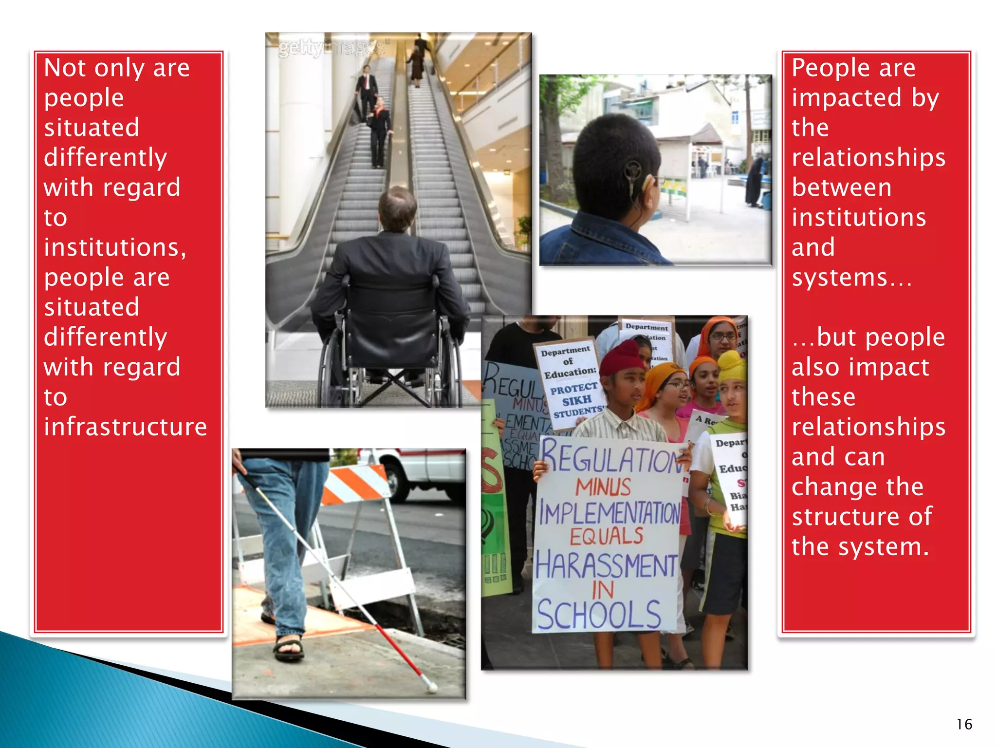 Not only are     People are
people           impacted by
situated         the
differently      relationships
with regard      between
to               institutions
institutions,    and
people are       systems…
situated
differently      …but people
with regard      also impact
to               these
infrastructure   relationships
                 and can
                 change the
                 structure of
                 the system.




                                 16
 