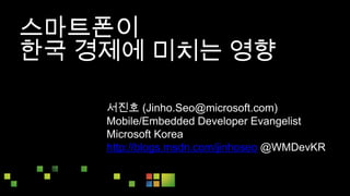 스마트폰이  한국 경제에 미치는 영향 서진호 (Jinho.Seo@microsoft.com) Mobile/Embedded Developer Evangelist Microsoft Korea http://blogs.msdn.com/jinhoseo @WMDevKR 