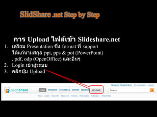 การ  Upload  ไฟล์เข้า  Slideshare . net เตรียม  Presentation  ซึ่ง  format  ที่  support  ได้แก่นามสกุล  ppt, pps & pot (PowerPoint) , pdf, odp (OpenOffice)  และอื่นๆ Login  เข้าสู่ระบบ  คลิกปุ่ม  Upload  