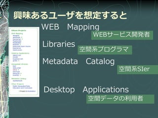 興味あるユーザを想定すると
   WEB Mapping
                 WEBサービス開発者
   Libraries
               空間系プログラマ

   Metadata Catalog
                      空間系SIer


   Desktop Applications
                空間データの利用者
 