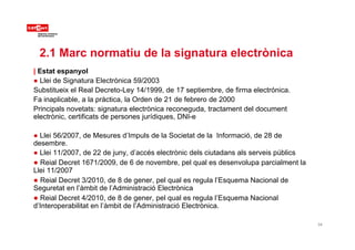 2.1 Marc normatiu de la signatura electrònica
| Estat espanyol
● Llei de Signatura Electrònica 59/2003
Substitueix el Real...