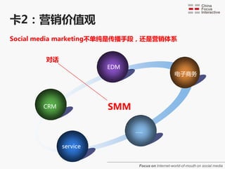 卡2：营销价值观
Social media marketing丌单纯是传播手段，还是营销体系


        对话
                       EDM
                                                  电子商务




       CRM             SMM

                             …..

             service


                              Focus on Internet-world-of-mouth on social media
 