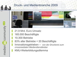 Druck- und Medienbranche 2009 <ul><li>21,9 Mrd. Euro Umsatz </li></ul><ul><li>165.000 Beschäftigte </li></ul><ul><li>10.30...