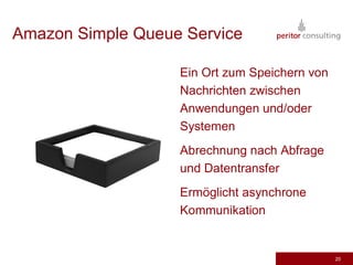 Amazon Simple Queue Service

                   Ein Ort zum Speichern von
                   Nachrichten zwischen
                   Anwendungen und/oder
                   Systemen
                   Abrechnung nach Abfrage
                   und Datentransfer
                   Ermöglicht asynchrone
                   Kommunikation


                                               20
 
