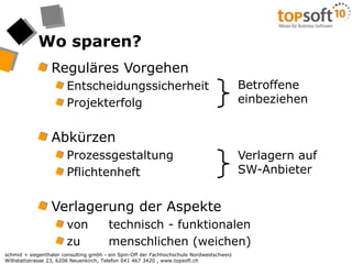 Wo sparen?BetroffeneeinbeziehenVerlagern aufSW-AnbieterReguläres VorgehenEntscheidungssicherheitProjekterfolgAbkürzenProzessgestaltungPflichtenheftVerlagerung der Aspektevon 	technisch - funktionalenzu 	menschlichen (weichen)