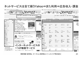 ネットサービスは全て揃うYahoo⇒また利用⇒広告収入・課金
無断掲載・転用禁止 オークション販売禁止（イーンスパイア株式会社） 31
インターネットサービスの
１つが検索サービス
 