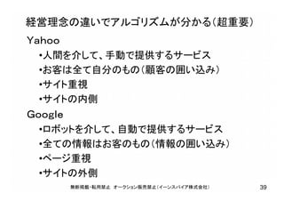 経営理念の違いでアルゴリズムが分かる（超重要）
Ｙａｈｏｏ
•人間を介して、手動で提供するサービス
•お客は全て自分のもの（顧客の囲い込み）
•サイト重視
•サイトの内側
Ｇｏｏｇｌｅ
•ロボットを介して、自動で提供するサービス
•全ての情報はお客のもの（情報の囲い込み）
•ページ重視
•サイトの外側
無断掲載・転用禁止 オークション販売禁止（イーンスパイア株式会社） 39
 