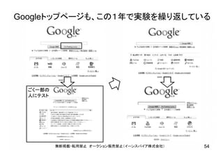 Googleトップページも、この１年で実験を繰り返している
無断掲載・転用禁止 オークション販売禁止（イーンスパイア株式会社） 54
ごく一部の
人にテスト
 