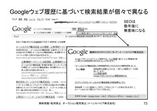 Googleウェブ履歴に基づいて検索結果が個々で異なる
無断掲載・転用禁止 オークション販売禁止（イーンスパイア株式会社） 73
SEOは
数年後に
無意味になる
 