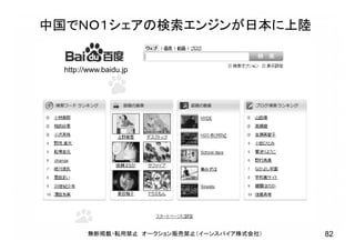 中国でＮＯ１シェアの検索エンジンが日本に上陸
http://www.baidu.jp
無断掲載・転用禁止 オークション販売禁止（イーンスパイア株式会社） 82
 