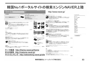 韓国Ｎｏ１ポータルサイトの検索エンジンNAVER上陸
83無断掲載禁止（イーンスパイア株式会社）
http://www.naver.jp/
テーマ検索 http://theme.naver.jp/theme
まとめ検索 http://matome.naver.jp/
サイトランキング http://siteranking.naver.jp/site
 