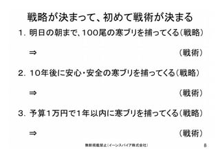 戦略が決まって、初めて戦術が決まる
無断掲載禁止（イーンスパイア株式会社） 8
１．明日の朝まで､１００尾の寒ブリを捕ってくる（戦略）
⇒ （戦術）
２．１０年後に安心・安全の寒ブリを捕ってくる（戦略）
⇒ （戦術）
３．予算１万円で１年以内に寒ブリを捕ってくる（戦略）
⇒ （戦術）
 