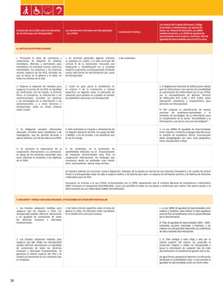 Ley general de las personas con discapacidad


                                                                                                                                                   Ley General del Trabajo (Dictamen), Código
                                                                                                                                                   de los Niños y Adolescentes, Ley General de
     Convención de la ONU sobre los Derechos             Ley General de la Persona con Discapacidad                                                Salud, Ley General de Educación, Ley 28867
                                                                                                            Constitución Política
     de las Personas con Discapacidad                    - Ley 27050                                                                               Antidiscriminación, Ley 28983 de Igualdad de
                                                                                                                                                   Oportunidades entre mujeres y hombres, Plan de
                                                                                                                                                   Igualdad de Oportunidades para las PCD y otras


     8. ARTÍCULOS POTENCIADORES


     1. Promueve la toma de conciencia y                 1. En términos generales algunos artículos         1. No contempla.
     compromiso de adopción de medidas                   se aparejan en cuanto a la idea principal del
     inmediatas, efectivas y pertinentes para            artículo 8 de la Convención, buscando una
     sensibilizar a la sociedad y luchar contra los      integración y sensibilización en la sociedad
     estereotipos, los prejuicios y las prácticas        respecto a personas con discapacidad, luchando
     nocivas respecto de las PCD, incluidos los          contra toda forma de discriminación por causa
     que se basan en el género o la edad, en             de discapacidad.
     todos los ámbitos de la vida.


     2. Dispone la adopción de medidas para              2. Cubre en gran parte lo establecido en                                                  2. El Reglamento Nacional de Edificaciones señala
     asegurar el acceso de las PCD, en igualdad          el artículo 9 de la Convención e incluso                                                  que las infracciones a las normas de accesibilidad
     de condiciones con las demás, al entorno            específica, en algunos casos, la aplicación de                                            se sancionarán de conformidad con la Ley 27920,
     físico, el transporte, la información y las         sanciones para quienes no cumplan en brindar                                              por el incumplimiento de Normas Técnicas
     comunicaciones, incluidos los sistemas              accesibilidad a personas con discapacidad.                                                de Edificación NTE U.190 y NTE A.060, sobre
     y las tecnologías de la información y las                                                                                                     adecuación urbanística y arquitectónica para
     comunicaciones, y a otros servicios e                                                                                                         personas con discapacidad.
     instalaciones, tanto en zonas urbanas
     como rurales                                                                                                                                  El PIO propone la identificación de nuevos
                                                                                                                                                   procesos de enseñanza-aprendizaje y el
                                                                                                                                                   incentivo de tecnologías de la información para
                                                                                                                                                   el cumplimiento de la acción “Accesibilidad a la
                                                                                                                                                   información y uso de los recursos tecnológicos”.


     3. Es obligación recopilar información              3. Sólo contempla la creación y alimentación de                                           3. La Ley 28983 de Igualdad de Oportunidades
     adecuada, incluidos datos estadísticos y de         un Registro Nacional de PCD, con apoyo de INEI                                            entre mujeres y hombres propugna pperfeccionar
     investigación, que les permita formular y           y NENIEC, a fin de acceder a los beneficios que                                           el sistema de estadística oficial, incorporando
     aplicar políticas, a fin de dar efecto a la CDPD.   la Ley les otorga.                                                                        datos desagregados por sexo, área geográfica,
                                                                                                                                                   etnia, discapacidad y edad.


     4. Se reconoce la importancia de la                 4. Se contempla, en la promoción de
     cooperación internacional y su promoción,           posibilidades laborales vía el financiamiento
     en apoyo de los esfuerzos nacionales para           de empresas promocionales para PCD, la
     hacer efectivos el propósito y los objetivos        cooperación internacional. Sin embargo, hay
     de la CDPD.                                         resistencia desde las entidades cuya misión
                                                         sería –precisamente- aplicar estas normas.


                                                         Se requiere además de armonizar nuestra legislación, disponer de la puesta en marcha de una voluntad renovadora y de cambio de actitud
                                                         frente a la discapacidad; dejar de lado el aspecto médico y de lástima para abrir un espacio de afirmación positiva y de defensa de derechos
                                                         y libertades para las PCD.

                                                         Incorporar un artículo a la Ley 27050, armonizándola con la CDPD, disponiendo que el Instituto Nacional de Estadísticas e Informática
                                                         (INEI) incorpore el componente DISCAPACIDAD como una variable en todas sus encuestas y mediciones que realice. Ello podría ayudar a la
                                                         determinación de una LINEA BASE SOBRE DISCAPACIDAD.



     9. MUJERES Y NIÑ@S CON DISCAPACIDAD. SITUACIONES DE ATENCIÓN PARTICULAR


     1. Los Estados adoptarán medidas para               1. No tiene artículo específico sobre el tema de                                          1. La Ley 28983 de Igualdad de Oportunidades entre
     asegurar que las mujeres y niñas con                género ni niñez, los derechos están concebidos                                            mujeres y hombres, pone énfasis al trato igualitario
     discapacidad puedan disfrutar plenamente            en el ámbito de la persona humana.                                                        para las PCD, al considerarlas como un grupo afectado
     y en igualdad de condiciones de todos                                                                                                         por la discriminación.
     los derechos humanos y libertades
     fundamentales.                                                                                                                                El “Plan de Igualdad de Oportunidades 2009 - 2018”,
                                                                                                                                                   contempla acciones orientadas a favorecer a las
                                                                                                                                                   mujeres con discapacidad mejorando sus condiciones
                                                                                                                                                   de vida y evitando discriminaciones.


     2. Los Estados adoptarán medidas para                                                                                                         2. El CNA protege a todo niñ@ y vela por el
     asegurar que l@s niñ@s con discapacidad                                                                                                       interés superior del mismo; así, prescribe la
     puedan disfrutar plenamente y en igualdad                                                                                                     protección integral a niñ@s con discapacidad y
     de condiciones de todos los derechos                                                                                                          busca la eliminación de cualquier tipo de trato
     humanos y libertades fundamentales. Se                                                                                                        discriminatorio al considerarlos iguales ante la ley.
     garantiza el interés superior del niño y se
     respeta sus decisiones en las cuestiones que                                                                                                  De igual forma, garantiza el derecho a la educación
     le competan.                                                                                                                                  facilitando la accesibilidad a ella, lo que permite la
                                                                                                                                                   igualdad de oportunidades junto con otros niños.




38
 