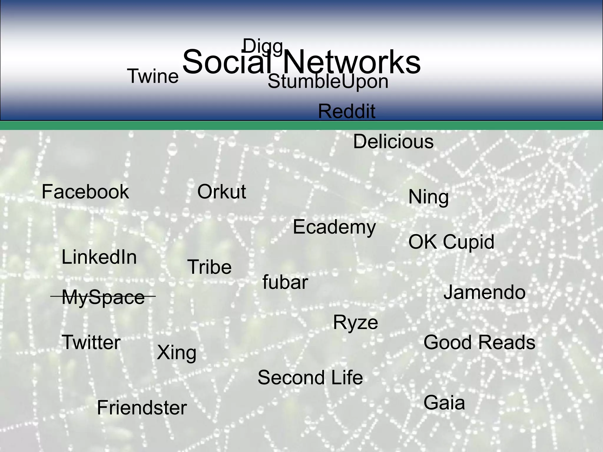 Social NetworksDiggTwineStumbleUponRedditDeliciousFacebookOrkutNingEcademyOK CupidLinkedInTribefubarJamendoMySpaceRyzeTwitterGood ReadsXingSecond LifeGaiaFriendster