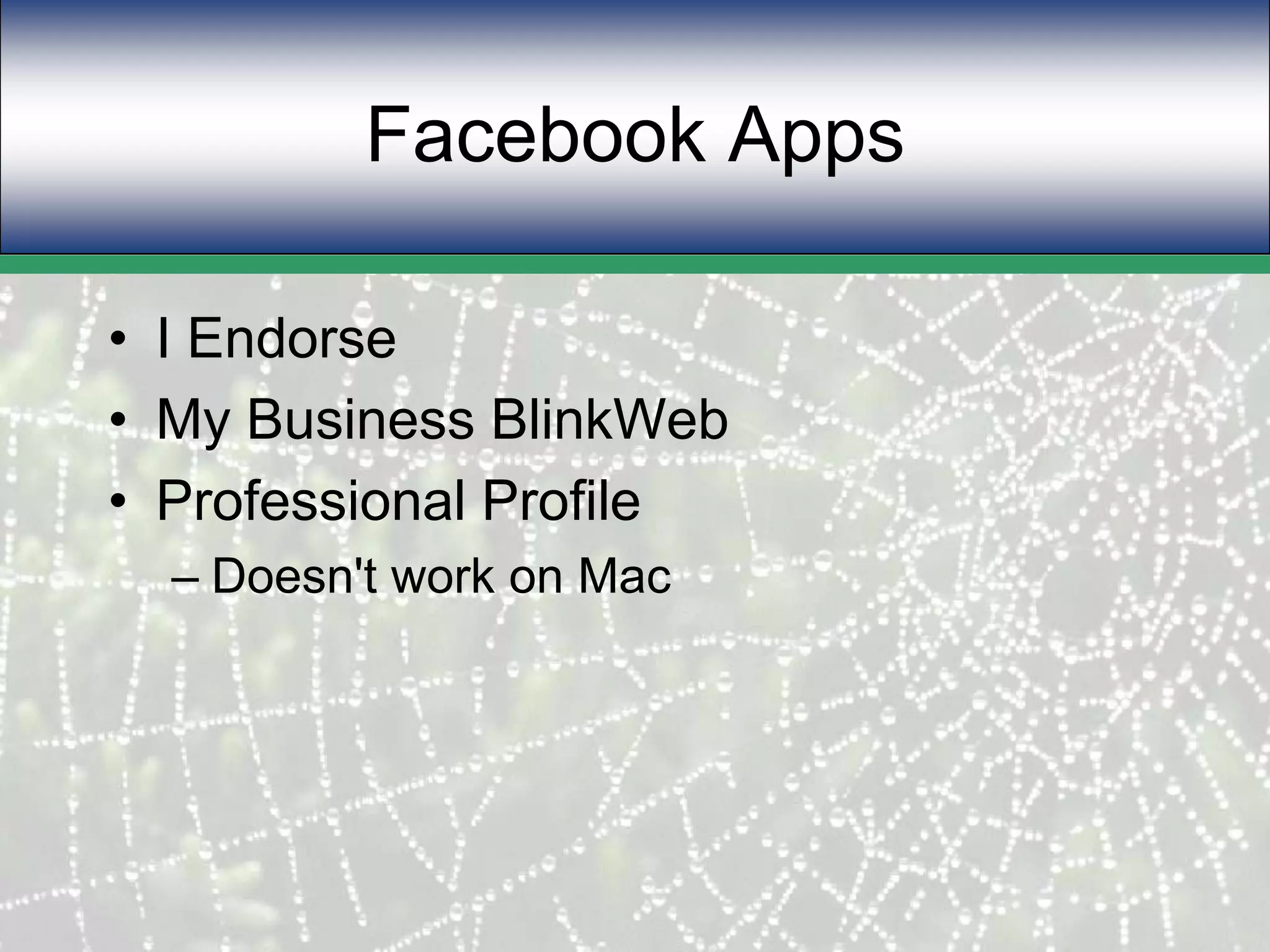 Facebook AppsI EndorseMy Business BlinkWeb Professional ProfileDoesn't work on Mac